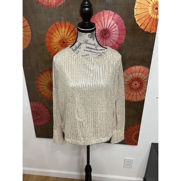 Skye’s The Limit Silver Sequin Blouse W/Elastic Waist & Cuffs Retro Y2K Glam PXL - Picture 1 of 5
